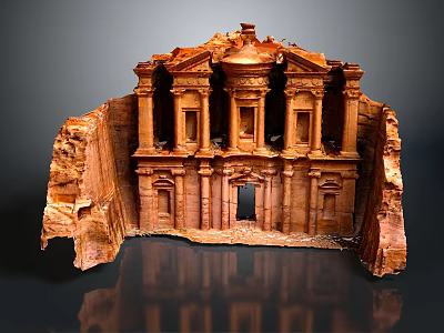 Cartoon Scene Of Ancient Rock Carved Temple With Red Sandstone Columns And Archways 3d model