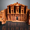 Cartoon Scene Of Ancient Rock Carved Temple With Red Sandstone Columns And Archways