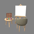 Creative Art Supplies Arrangement With Easel Open Paint Box Wooden Stool And Gray Chair
