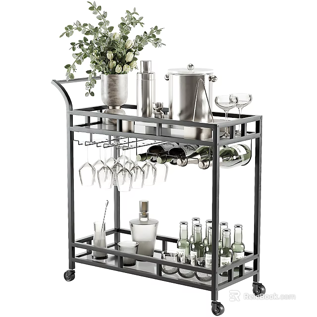 Dinnerware Set on Metal Multi-layer Trolley with Wine Glasses Wine Bottles and Green Plants 3d model 
