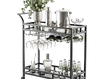 Dinnerware Set on Metal Multi-layer Trolley with Wine Glasses Wine Bottles and Green Plants 3d model