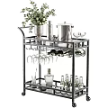 Dinnerware Set on Metal Multi-layer Trolley with Wine Glasses Wine Bottles and Green Plants