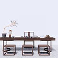 Traditional Wooden Tea Table with Chairs Stools Tea Sets Vase and Books