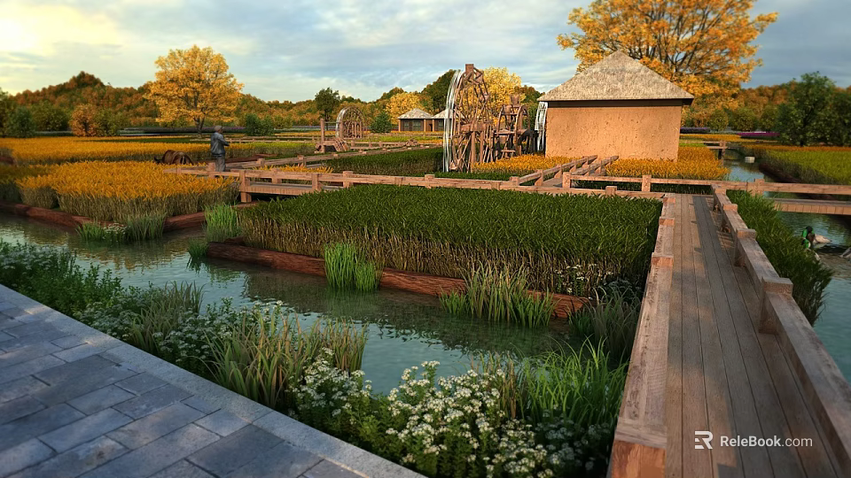 Scenic Countryside Landscape Featuring Golden Fields Autumn Trees Wooden Bridge Watermill and Cottage 3d model 