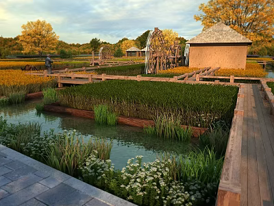 Scenic Countryside Landscape Featuring Golden Fields Autumn Trees Wooden Bridge Watermill and Cottage 3d model