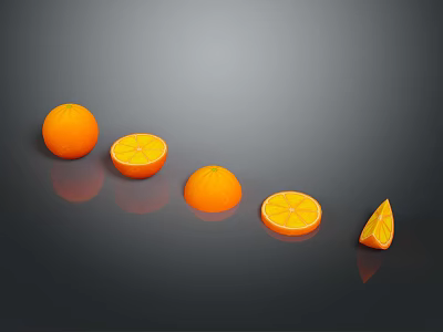 Fresh Oranges Display With Whole Halved Sliced And Small Pieces On Dark Background 3d model