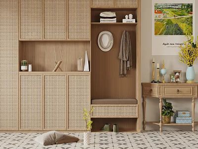 Shoe Cabinet with Woven Rattan Doors and Wooden Bench Hanging Area Decorative Painting Potted Plant 3d model