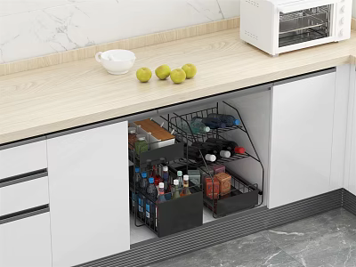 Modern Bathroom Cabinet With Open Storage Drawers And Organized Toiletries On Countertop 3d model