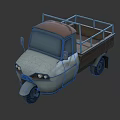 Cartoon Style Three Wheeled Truck With Blue Railings White Front And Brown Roof