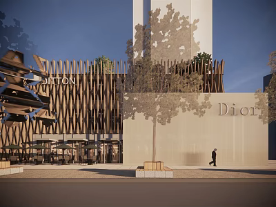 Modern Commercial Complex with Wooden Lattice Facade Greenery Dior Store and Outdoor Pedestrian Area 3d model
