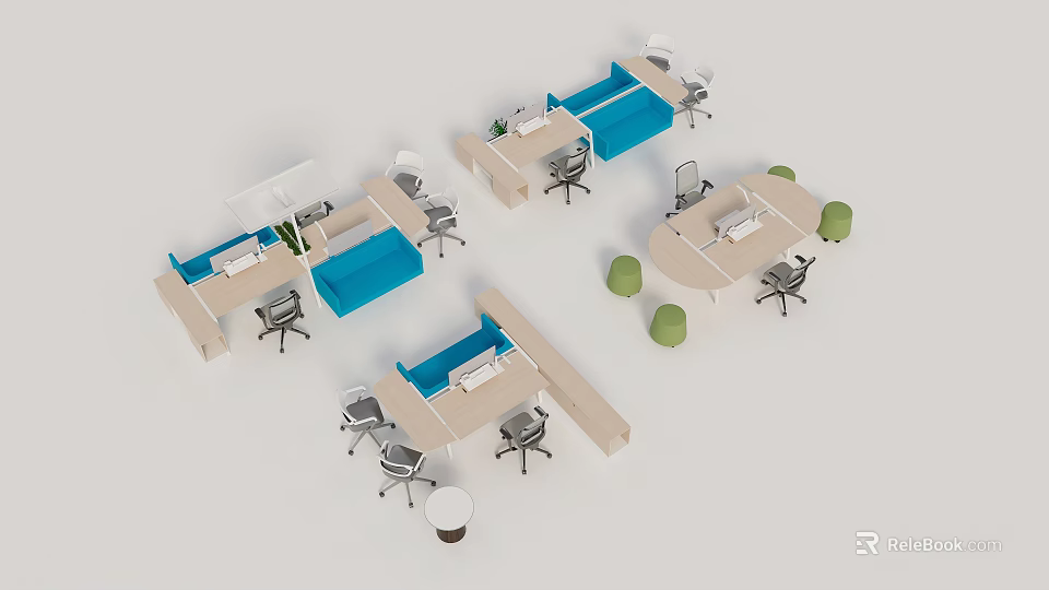 Modern Office Desks Layout With Blue Partitions Chairs And Green Stools 3d model 