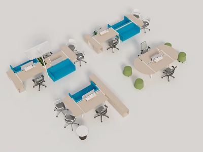 Modern Office Desks Layout With Blue Partitions Chairs And Green Stools 3d model