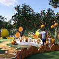 Vibrant Orange Themed Scenic Wall with Fruit Trees and Decorative Elements in Leisure Space