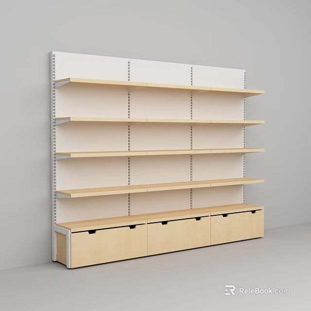 Convenience Store Empty Wooden Shelves With Multiple Levels And Storage Cabinets 3d model 