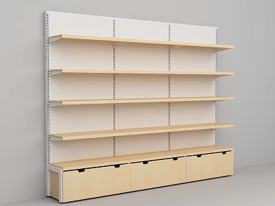 Convenience Store Empty Wooden Shelves With Multiple Levels And Storage Cabinets 3d model
