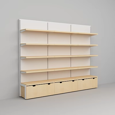 Convenience Store Empty Wooden Shelves With Multiple Levels And Storage Cabinets 3d model