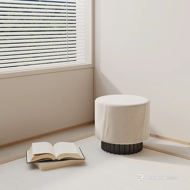 Round Beige Sofa Stool In Modern Interior With Open Book Near Window Blinds 3d model 