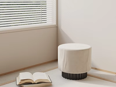 Round Beige Sofa Stool In Modern Interior With Open Book Near Window Blinds 3d model