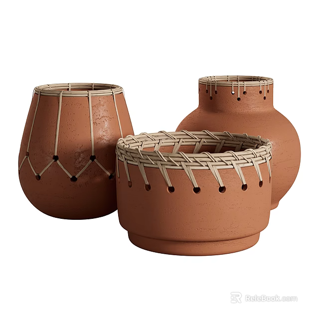 Three Brown Ceramic Vessels With Woven Decorative Accents And Rounded Shape 3d model