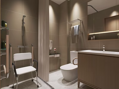 Modern Public Toilet Interior with Accessible Grab Bars Washbasin and Tiled Walls 3d model