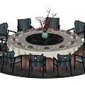 Round Dining Table Set with White Tablecloth Marble Tabletop Vase Decoration Surrounded by Dark Chairs 3d model
