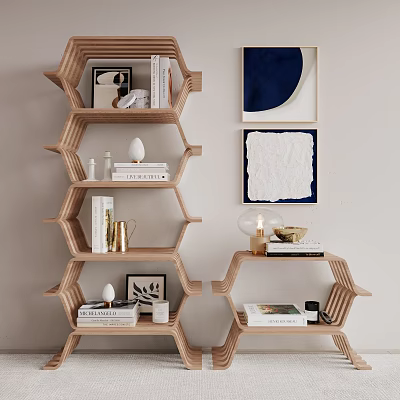 Modern Wooden Bookcase With Honeycomb Design Books Decorative Items And Wall Art 3d model