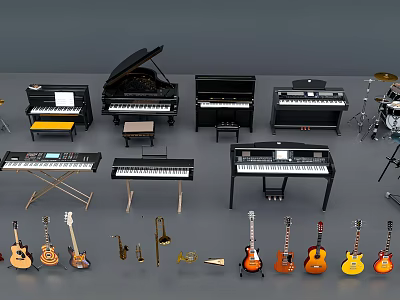 Diverse Entertainment Electronics Collection Featuring Pianos Keyboards Guitars Trumpets And Drum Set 3d model