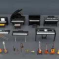 Diverse Entertainment Electronics Collection Featuring Pianos Keyboards Guitars Trumpets And Drum Set