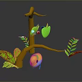 Colorful 3D Animated Bird Characters Perched on Tree Branch With Green Leaves
