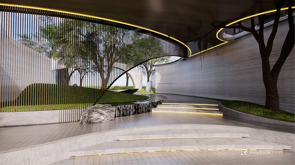 Modern Building Exterior Wall With Curved Metal Grille Green Trees And Lawn Lighting 3d model 