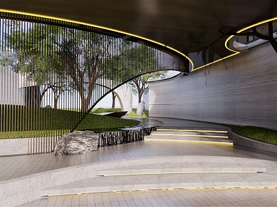 Modern Building Exterior Wall With Curved Metal Grille Green Trees And Lawn Lighting 3d model