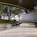 Modern Building Exterior Wall With Curved Metal Grille Green Trees And Lawn Lighting