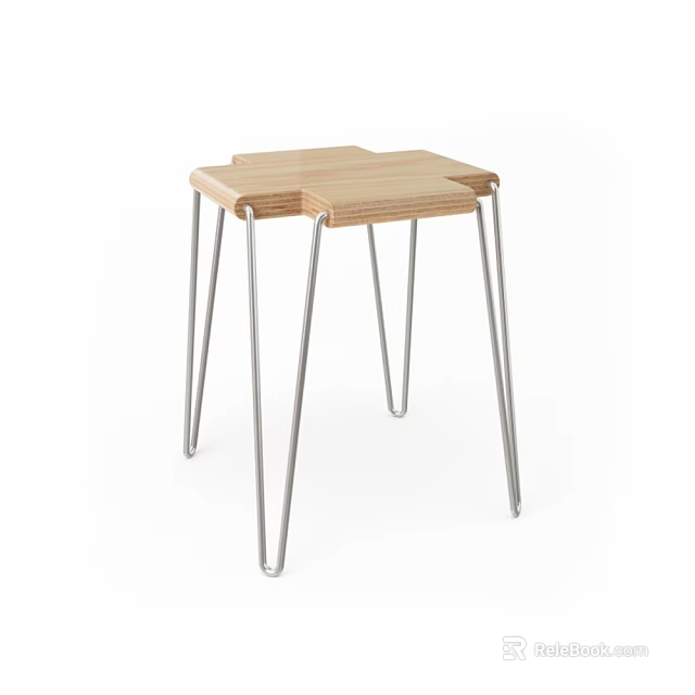 Modern Wooden Stool with Sleek Metal Legs Durable Top Minimalist Home Furniture 3d model 