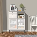 White Sideboard with Drawers and Glass Doors Holding Dinnerware Top Coffee Machine Lemons and Vase