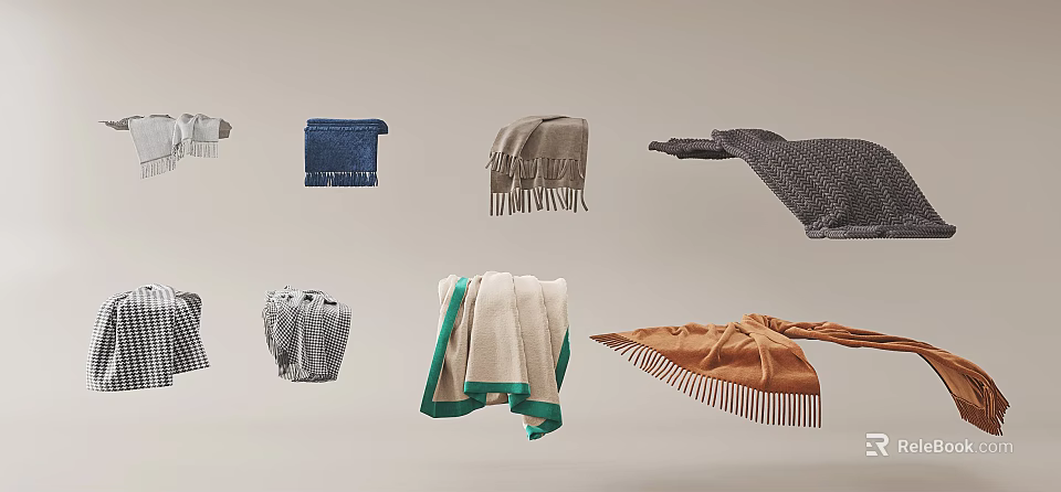 Various Stylish Blankets With Fringe And Colorful Patterns For Home Use 3d model 