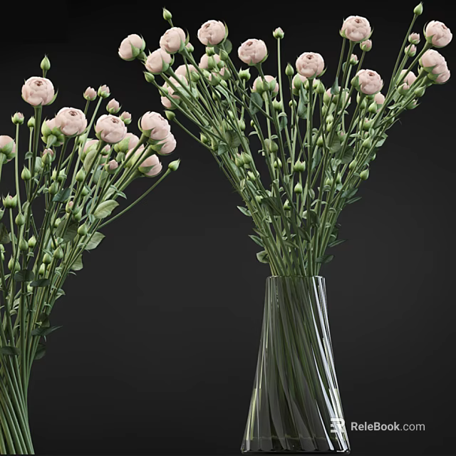Pink Flowers in Transparent Glass Vase with Green Stems and Fresh Leaves 3d model 