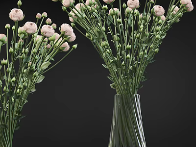 Pink Flowers in Transparent Glass Vase with Green Stems and Fresh Leaves 3d model