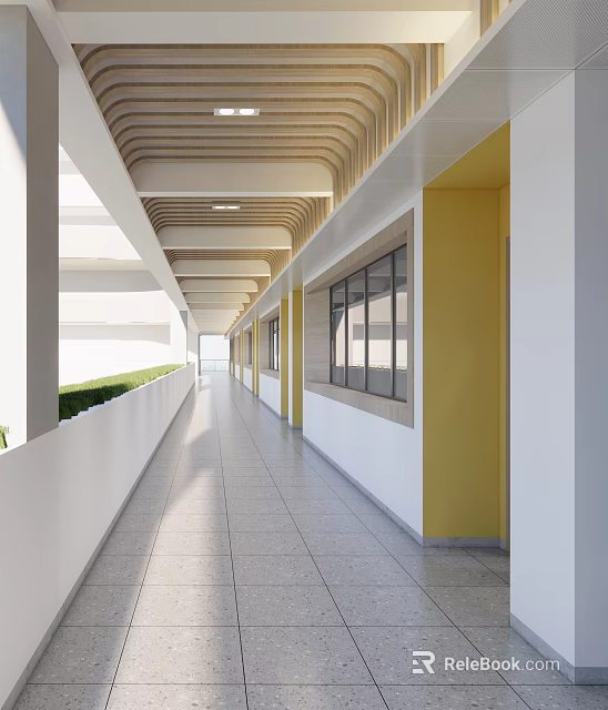 Modern Elevator Corridor With Yellow Walls Tile Flooring And Curved Ceiling 3d model 