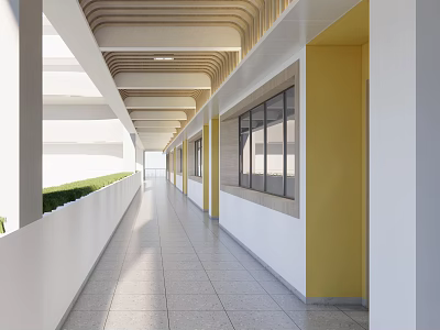 Modern Elevator Corridor With Yellow Walls Tile Flooring And Curved Ceiling 3d model