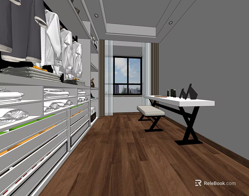 Modern Wardrobe Interior With Open Shelves Hanging Clothes Drawers And Wooden Flooring 3d model 
