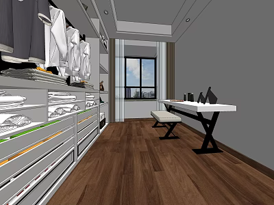 Modern Wardrobe Interior With Open Shelves Hanging Clothes Drawers And Wooden Flooring 3d model
