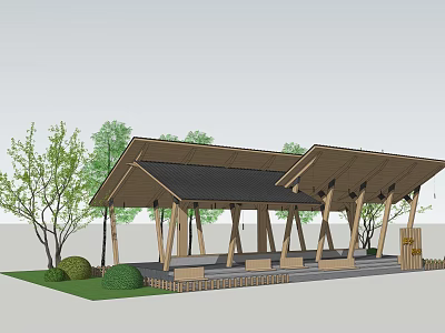 Wooden Rest Pavilion With Open Roof Structure Green Trees And Seating Area 3d model