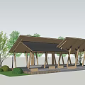 Wooden Rest Pavilion With Open Roof Structure Green Trees And Seating Area