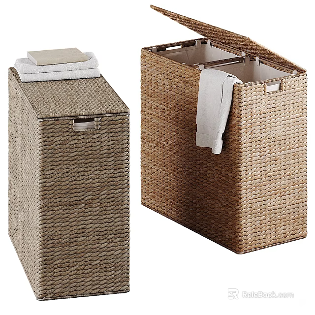 Woven Rattan Storage Baskets With Stacked Towels And Linen Inside 3d model 