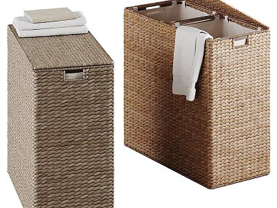 Woven Rattan Storage Baskets With Stacked Towels And Linen Inside 3d model