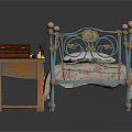 Vintage Bedroom Interior With Iron Bed Patterned Bedspread Wooden Nightstand Vintage Telephone And Brown Trunk