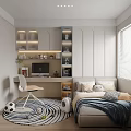 Modern Kids Bedroom With Bed Desk Computer Bookshelf Striped Rug Window Blinds And Soccer Ball