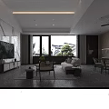 Modern Living Dining Room With Gray Sofa Round Coffee Table And Large Windows