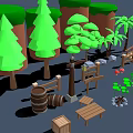 Wooden Bridge Boat Bench And Barrels With Green Trees Palms Rocks And Lotus Leaves