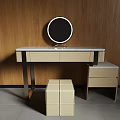 Light Colored Dressing Table With Round Mirror Wooden Wall And Stool Cabinet 3d model